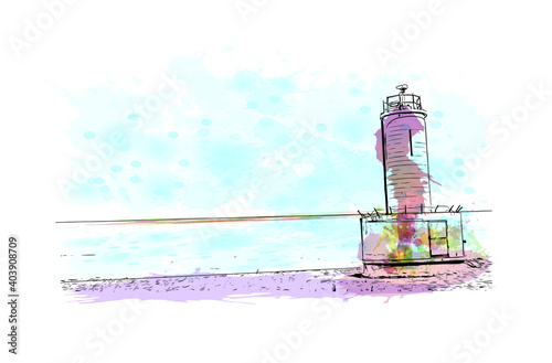 Building view with landmark of Dar Es Salaam is the city of Tanzania. Watercolour splash with hand drawn sketch illustration in vector.