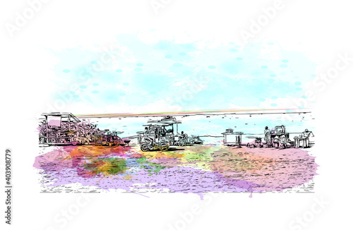 Building view with landmark of Dar Es Salaam is the city of Tanzania. Watercolour splash with hand drawn sketch illustration in vector.