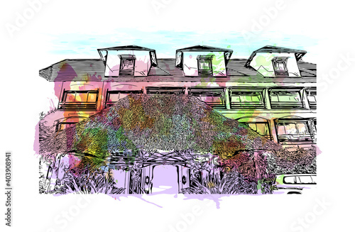Building view with landmark of Dar Es Salaam is the city of Tanzania. Watercolour splash with hand drawn sketch illustration in vector.