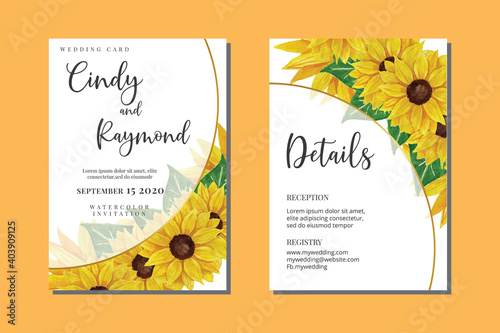 Wedding Invitation Sun Flower Design, Hand drawn Vector Watercolor style