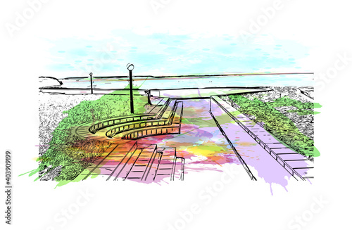 Building view with landmark of Dar Es Salaam is the city of Tanzania. Watercolour splash with hand drawn sketch illustration in vector.