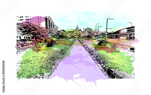 Building view with landmark of Dar Es Salaam is the city of Tanzania. Watercolour splash with hand drawn sketch illustration in vector.