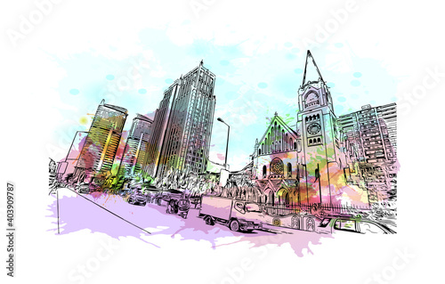 Building view with landmark of Dar Es Salaam is the city of Tanzania. Watercolour splash with hand drawn sketch illustration in vector.