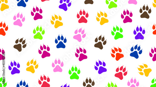 Colorful hand drawn dog paw print seamless pattern on white background
