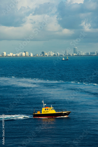 Pilot boat on the ocean in Miami, Florida.