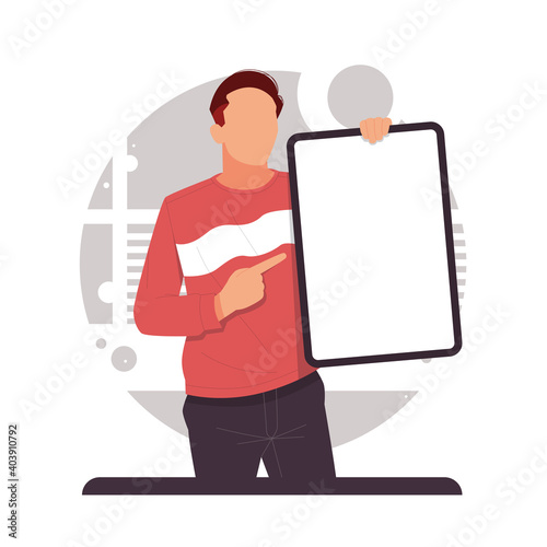 man pointing finger to his board, advertise product. flat design concept, vector illustration