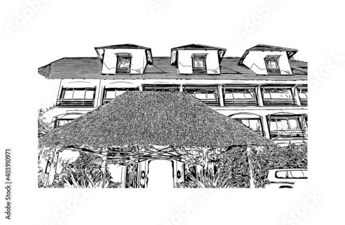 Building view with landmark of Dar Es Salaam is the city of Tanzania. Hand drawn sketch illustration in vector.