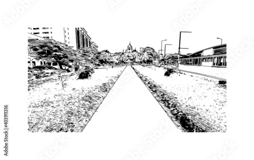 Building view with landmark of Dar Es Salaam is the city of Tanzania. Hand drawn sketch illustration in vector.