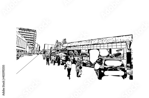 Building view with landmark of Dar Es Salaam is the city of Tanzania. Hand drawn sketch illustration in vector.