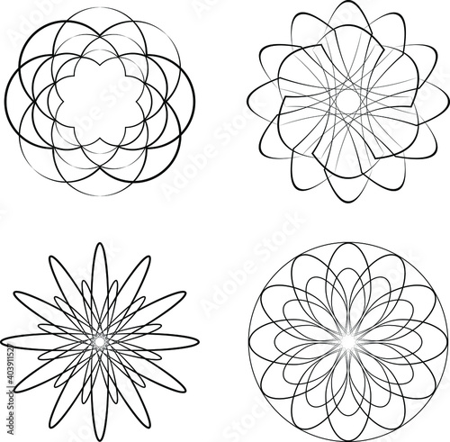 Set of black rounded ornaments over white background. Geometric art. Design element for frame, logo, blackout tattoo, sign, symbol, web pages, prints, posters, pattern and abstract background