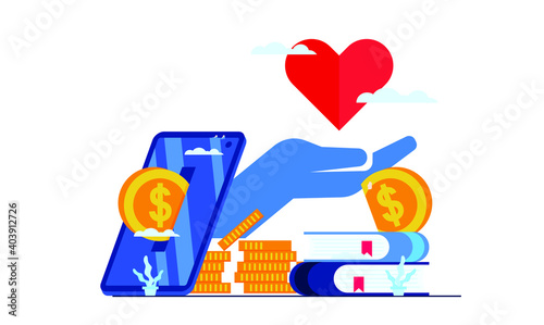 online donation charity with smart phone smart app mini atm or edc with big heart and big hands flat illustration design