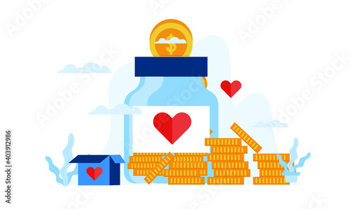 donation jar with big heart flat illustration design

