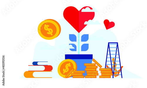 HEART FLOWERING DONATION TREE WITH MINI PEOPLE FLAT ILLUSTRATION DESIGN