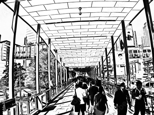 Landscape of Bangkok city streets Black and white illustrations.