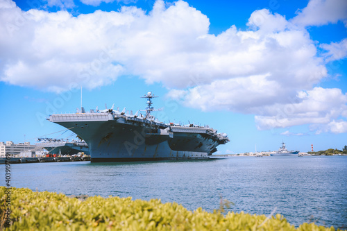 Aircraft carrier Pearl Harbor Historic Sites Visitor Center, Oahu, Hawaii. An aircraft carrier is a warship that serves as a seagoing airbase