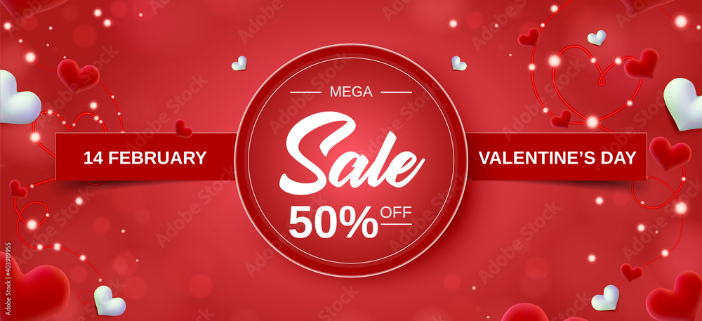 Valentine's day big sale banner background. Red hearts round banner. Cute love banner or Valentines greeting card. Vector illustration. Valentine's day big sale banner background. Red hearts round banner. Cute love banner or Valentines greeting card. Vector illustration.