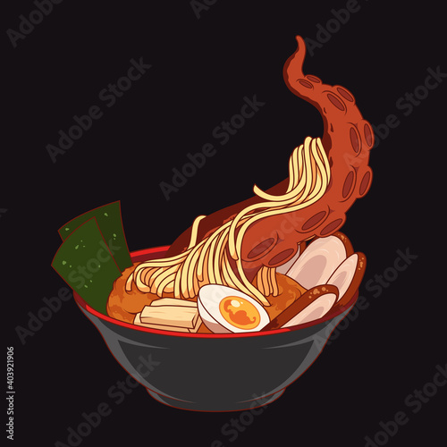 Ramen tentacle. Vector illustration of japanese noodle ramen with octopus tentacle.