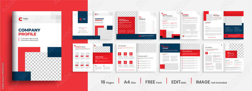 Brochure template layout design, multipage company profile design, minimal brochure design with red color shapes.