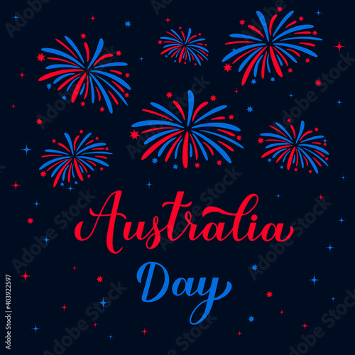 Happy Australia day calligraphy hand lettering. Fireworks in the night sky. Vector template for banner, typography poster, greeting card, flyer, t shirt, postcard, etc