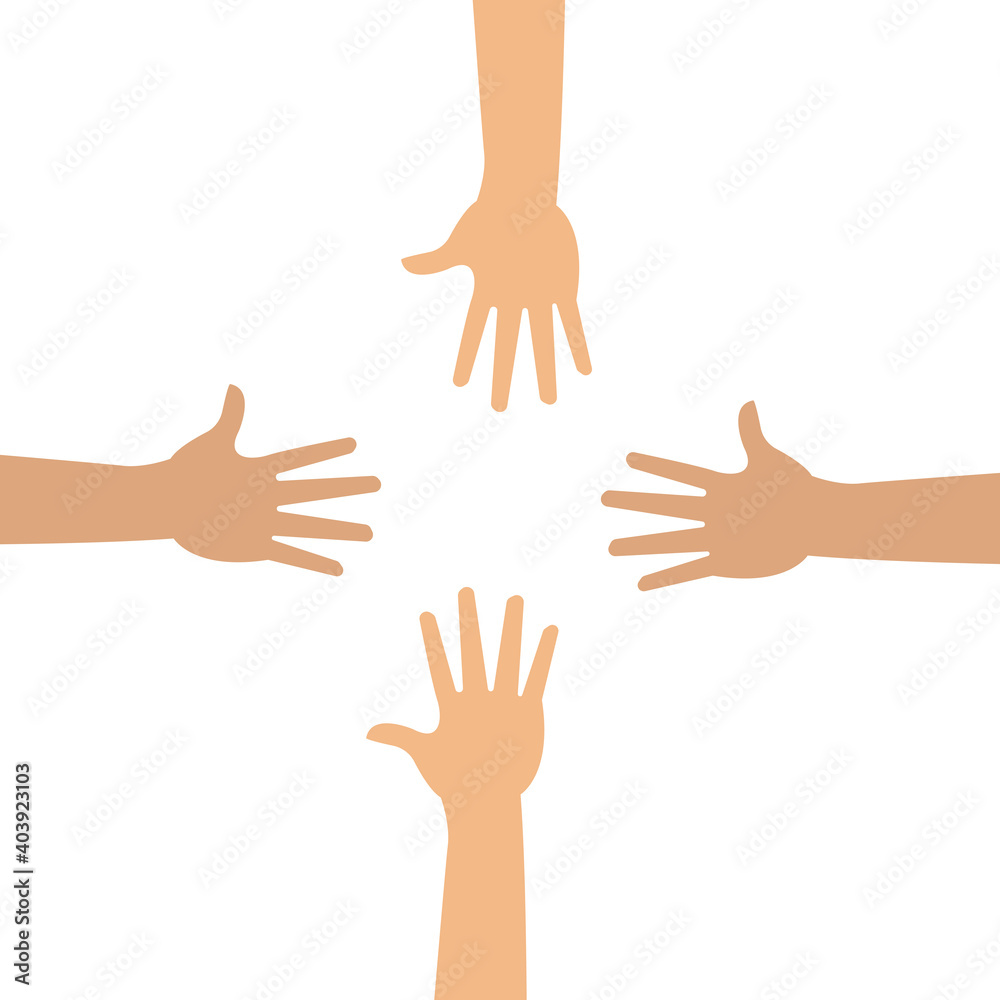 Close up top view of young people putting their hands together. Close up top view of young people putting their hands together.