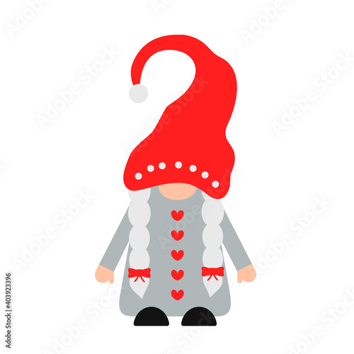 Cute girl gnome for Christmas or Valentines Day isolated on white. Scandinavian Nordic cartoon character. Vector template for banner, poster, greeting card, t shirt, etc