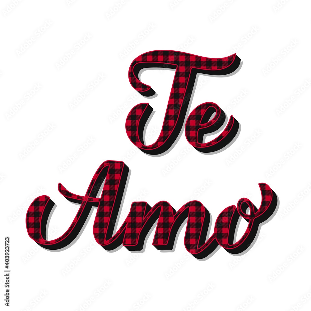 Te Amo calligraphy hand lettering. Red buffalo pattern. I Love You inscription in Spanish. Vector template for Valentines day poster, banner, postcard, greeting card, flyer, t shirt, sticker, etc Te Amo calligraphy hand lettering. Red buffalo pattern. I Love You inscription in Spanish. Vector template for Valentines day poster, banner, postcard, greeting card, flyer, t shirt, sticker, etc