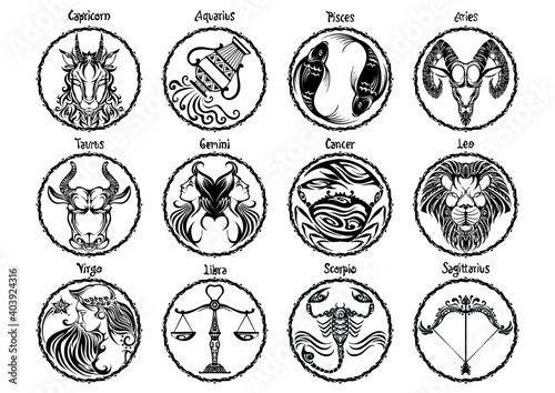 zodiac Astrology horoscope prophecy sign set design and typography with motif black  illustration doodle tattoo style vector with white background 