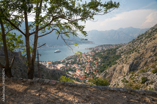 View of Kotor and cruise ship from mountain path,Kotor municipality,Montenegro. photo