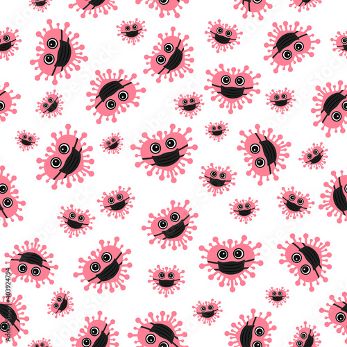 Covid-19 Valentines Day seamless pattern. Cute virus wearing protective mask. Coronavirus pandemic concept. Social distancing love vector background for cards, textile, fabric, wrapping paper, etc