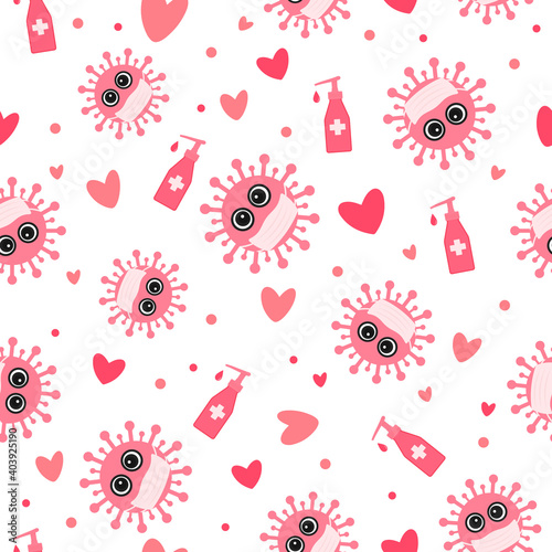 Quarantine Valentines Day seamless pattern. Cute virus wearing protective mask. Covid-19 pandemic concept. Social distancing love vector background for cards, textile, fabric, wrapping paper, etc