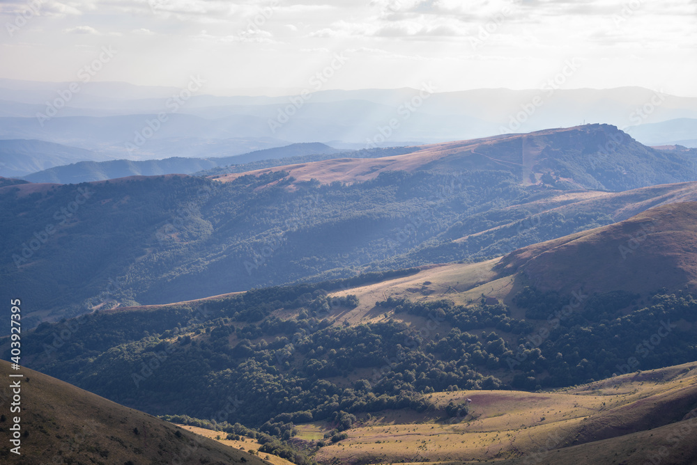 Fototapeta premium Beautiful mountain landscape of green and yellow meadows on Balkan Mountains in Serbia.Sunlit highlands and grasslands of Old mountain with distant peaks.Hiking trail for the highest peak Midzor 2169m