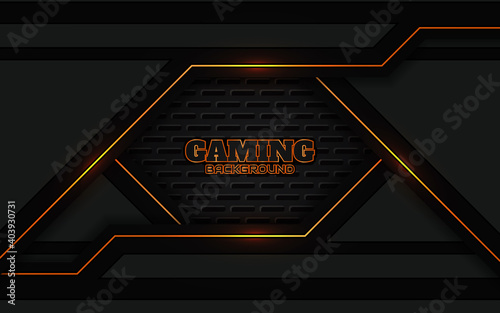 Abstract futuristic geometric black and orange gaming background with modern esport shapes. Vector design template technology concept can use element game banner, sport poster, cyber wallpaper, web