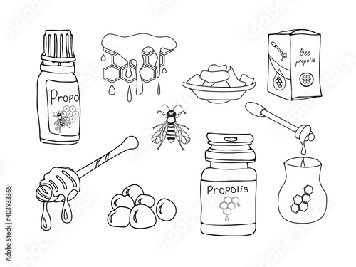 Vector propolis set with honeybee, jar, honeycomb and propolis bottle isolated on white background. Doodle style illustration.