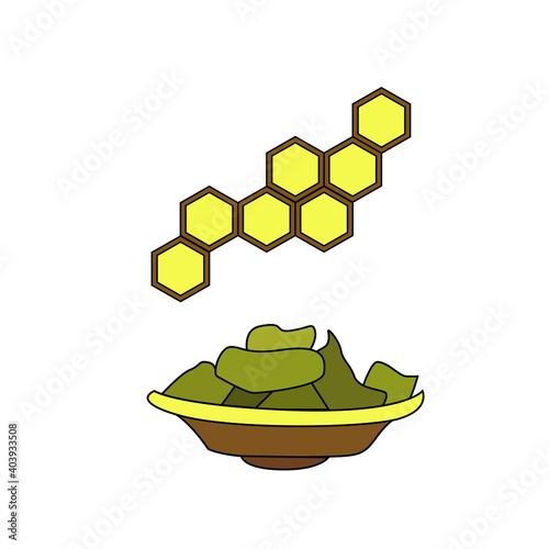 Vector colored illustration of honeycomb and pieces of propolis in a plate on a white background