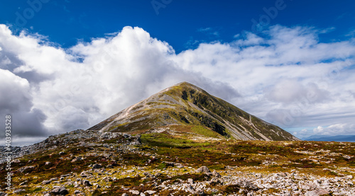 View from top of the mountain Croagh Patrick, nicknamed the Reek in County Mayo after Mweelrea and Nephin, Ireland