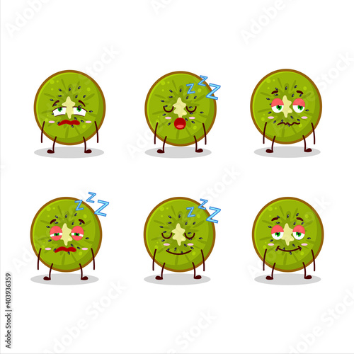 Cartoon character of slice of kiwi with sleepy expression