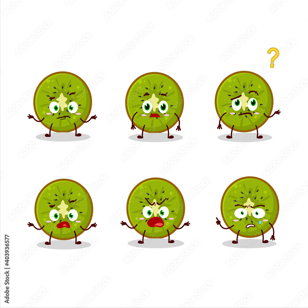 Cartoon character of slice of kiwi with what expression Cartoon character of slice of kiwi with what expression