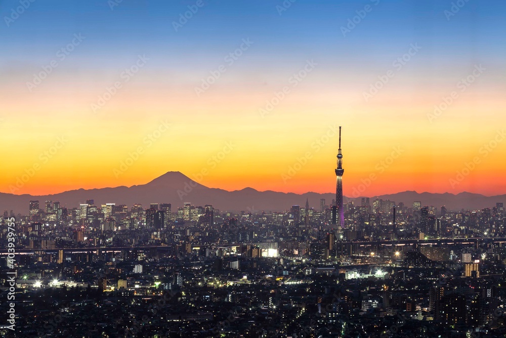 City view of Tokyo in the evening with Mount Fuji and Tokyo Sky Tree.