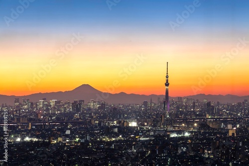 City view of Tokyo in the evening with Mount Fuji and Tokyo Sky Tree.
