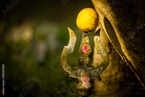 View of trishul(weapon of hindu god shiva) which is sacred and worshipped people following hinduism photo