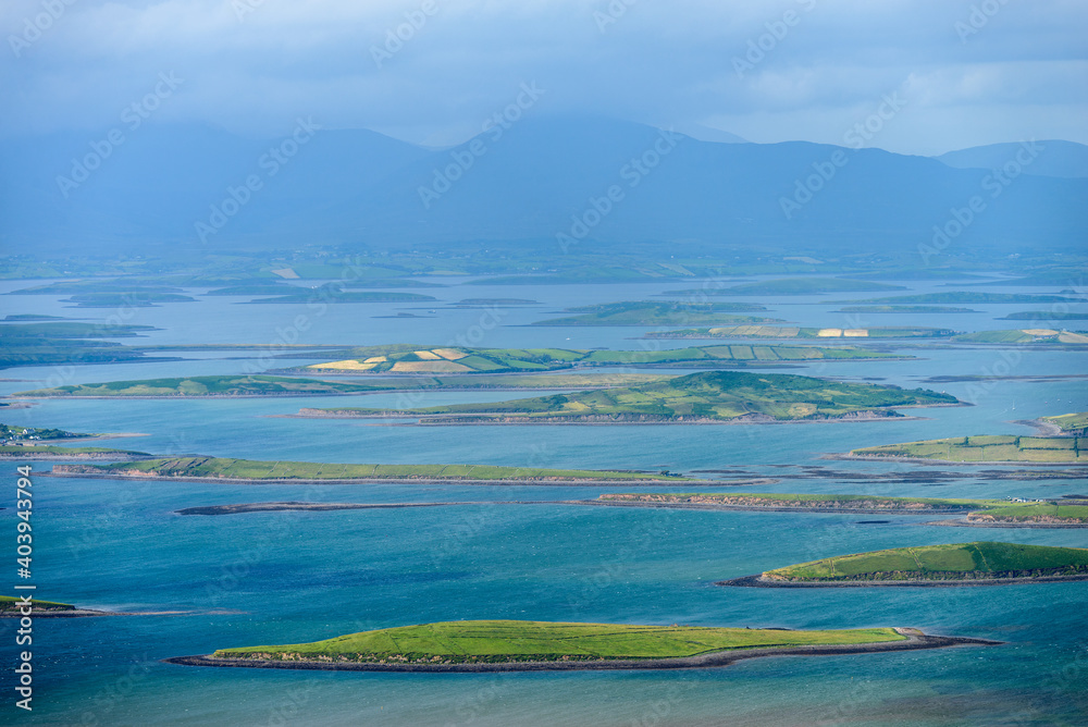 View from top of the mountain Croagh Patrick, nicknamed the Reek in County Mayo after Mweelrea and Nephin, Ireland