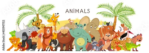 Panel kuchenny z motywem Large group of animals in cartoon flat style stand together. World fauna. Illustration