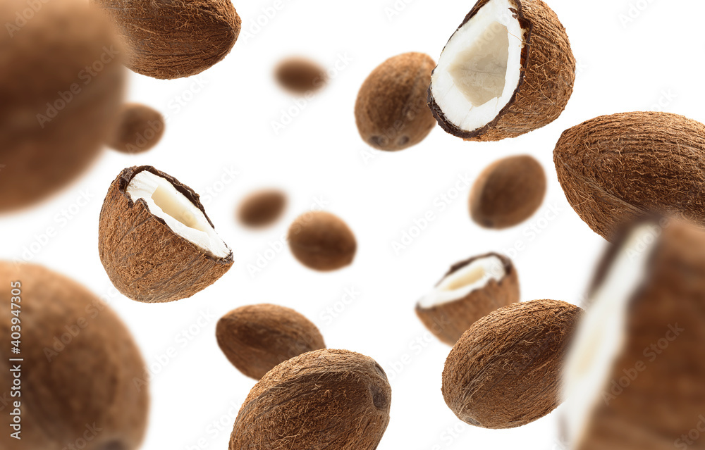 Whole and half cocoanuts levitate on a white background Whole and half cocoanuts levitate on a white background