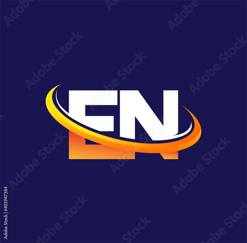 EN initial logo company name colored white and orange swoosh design, isolated on dark background. vector logo for business and company identity.