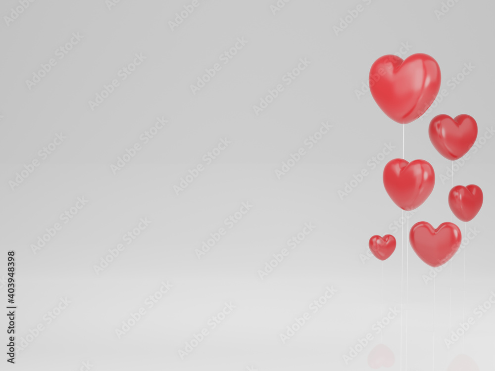 Valentine's Day concept, red hearts on white background. 3D rendering.