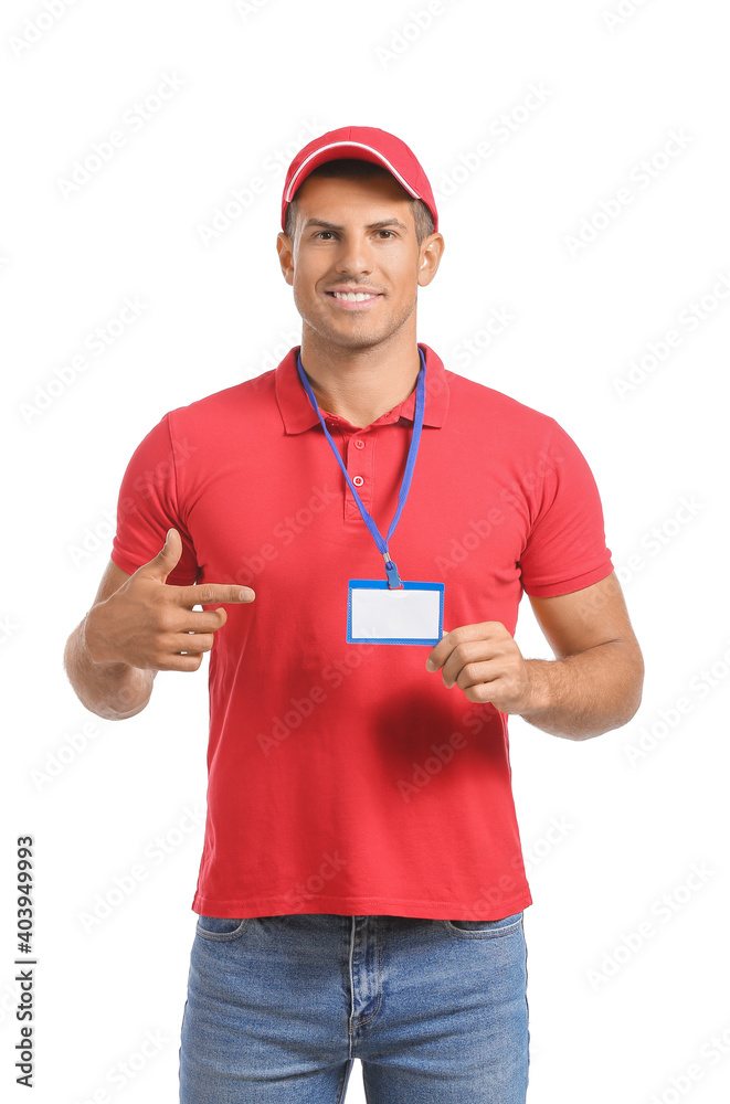 Young man with blank badge on white background Young man with blank badge on white background