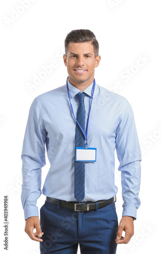 Elegant man with blank badg...