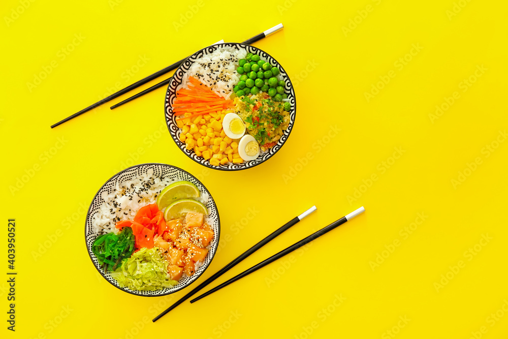 Bowls with tasty rice and vegetables on color background Bowls with tasty rice and vegetables on color background