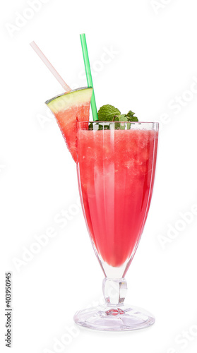 Glass of fresh watermelon juice and mint on white background