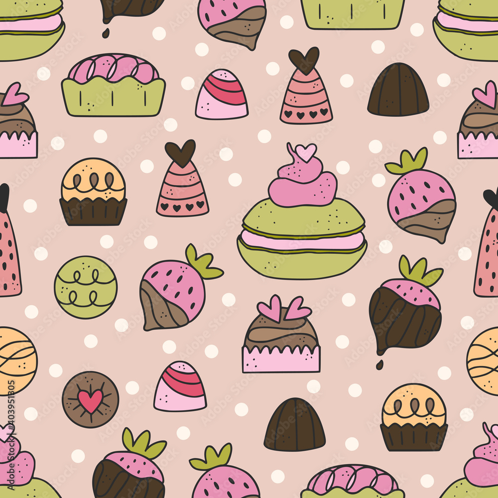 Cute hand drawn seamless pattern with chocolate, candy, macarone, strawberry, dessert. Cute hand drawn seamless pattern with chocolate, candy, macarone, strawberry, dessert.